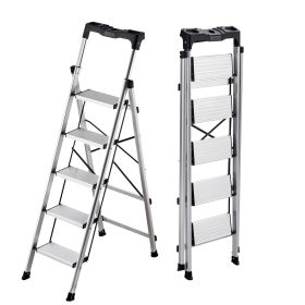 5 Step Ladder, Folding Step Stool with Wide Anti-Slip Pedal and Comfort Handgrip, 330 lbs Capacity Portable Aluminum Stepladder, Multi-Use for Ki