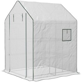4.6' x 4.7' Portable Greenhouse, Water/UV Resistant Walk-In Small Outdoor Green House with 2 Tier U-Shaped Flower Rack Shelves, Roll Up Door & Wi